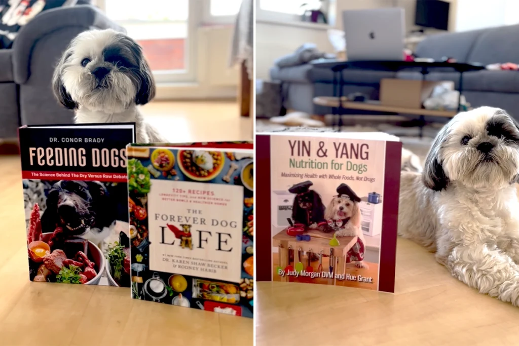 Shih Tzu with books on dog nutrition